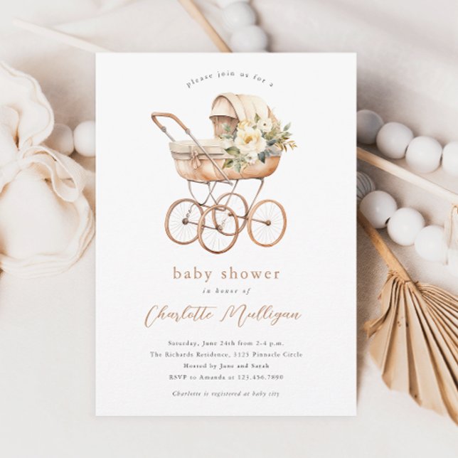 Vintages Baby Carriage Gender Neutral Baby Dusche Einladung (Vintage baby carriage gender neutral floral boho baby shower invitations.)