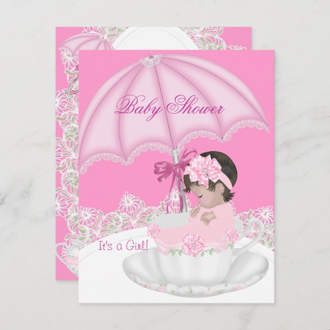 Vintages Baby Duschmädchen Pink Baby in Teacup Einladung (Vorne/Hinten)