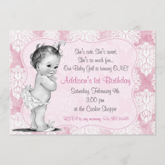 Vintages Baby Girl Chic Damask Geburtstag Einladun Einladung