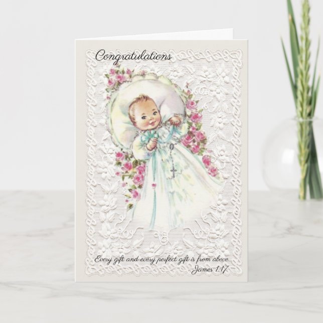 Vintages Baby Girl mit Rosary Pink Roses Karte (Vorderseite)
