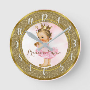 Vintages Baby Girl Pink & Gold Personalisiertes Ki Runde Wanduhr