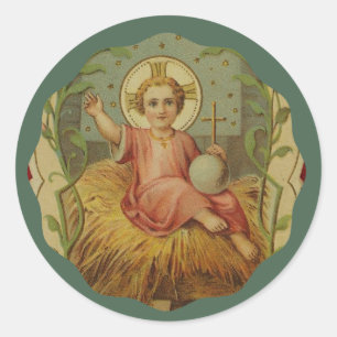 Vintages Baby Jesus in einer Krippe Runder Aufkleber
