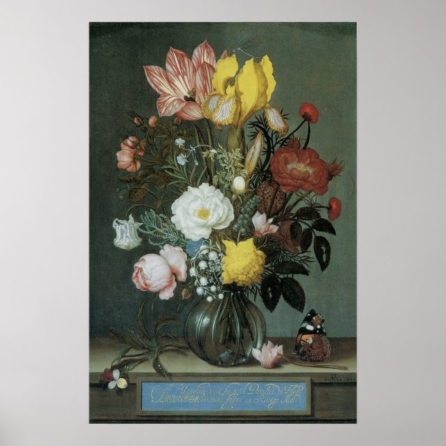Vintages Barock, Bouquet von Blume in Glasvase Poster (Vorne)