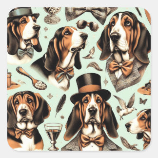 Vintages Basset Hound nahtlos Quadratischer Aufkleber