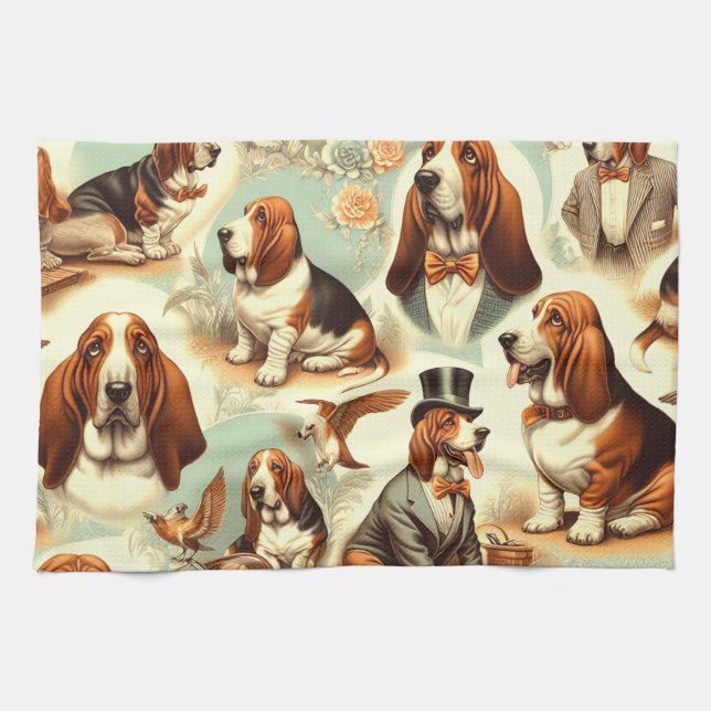 Vintages Basset Hound Nahtlose Illustration Geschirrtuch (Horizontal)