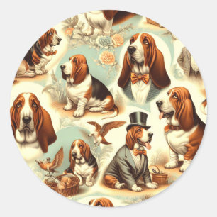 Vintages Basset Hound Nahtlose Illustration Runder Aufkleber
