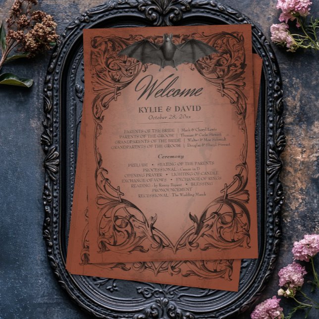 Vintages Bat bis zum Todestraffen Programm (Vintage Bat Until Death Rust Wedding Program)