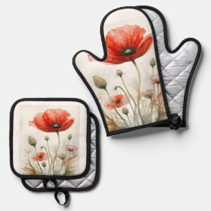 Vintages Bauernhaus Dekor Roter Mohn Garten Blume Ofenhandschuh & Topflappen-Set