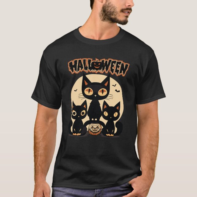Vintages Beängstigendes Halloween 3 Black Cat T-Shirt (Vorderseite)