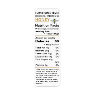 Vintages Bee Gold 2020 Nutrition Facts Honey Label