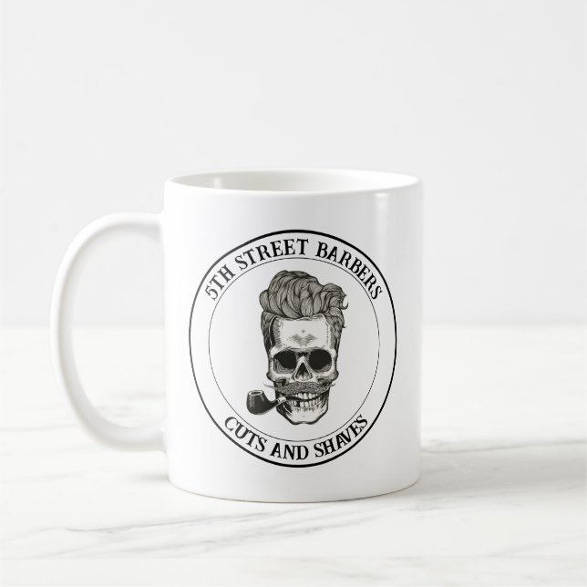 Vintages, benutzerdefinierbares Barberskull-Logo Kaffeetasse (Links)