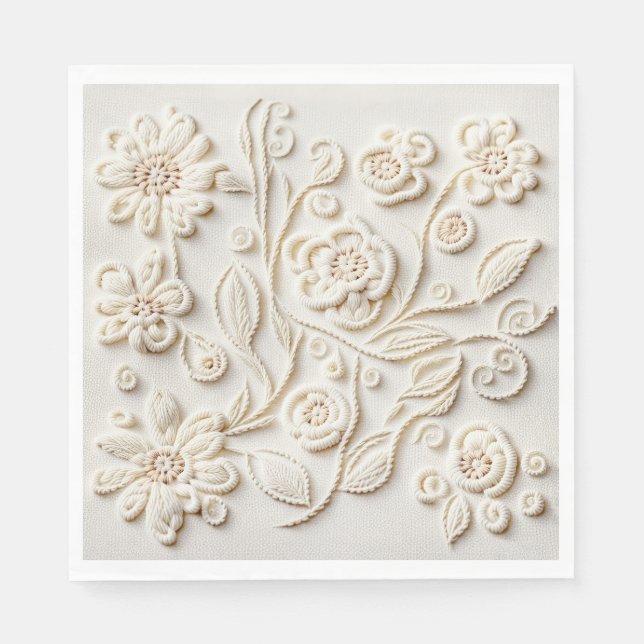 Vintages, besticktes Blumendesign aus Elfenbein Serviette (Vorderseite)