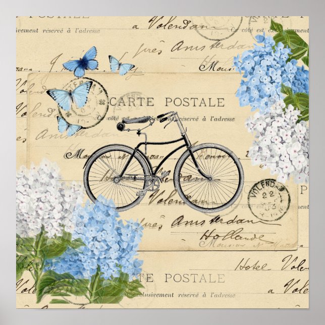 Vintages Bicycle Blue Hydrangeas Paris Art Poster (Vorne)
