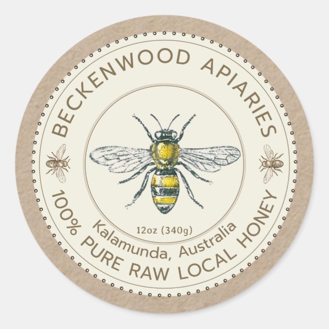 Vintages Bienenhonigetikett auf Kraft-Apiary-Imker Runder Aufkleber (Vorderseite)