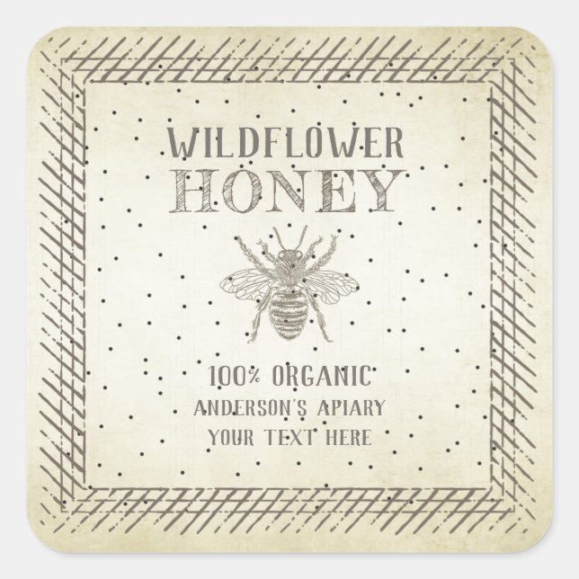 Vintages Bienenhonigglas Quadratischer Aufkleber (Vorderseite)