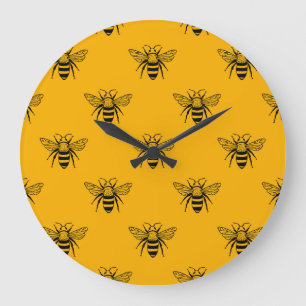 Vintages Bienenmuster, schwarz gelb. Große Wanduhr