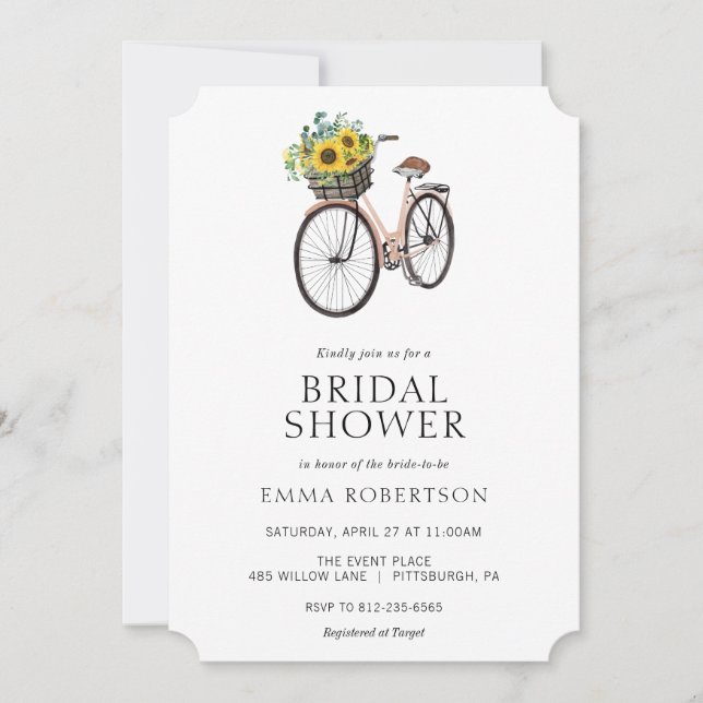 Vintages Bike Sonnenblumenkörbe Brautparty Einladung (Vorderseite)