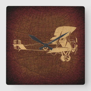 Vintages Biplane Flugzeug Antiflugzeug mit Karte Quadratische Wanduhr