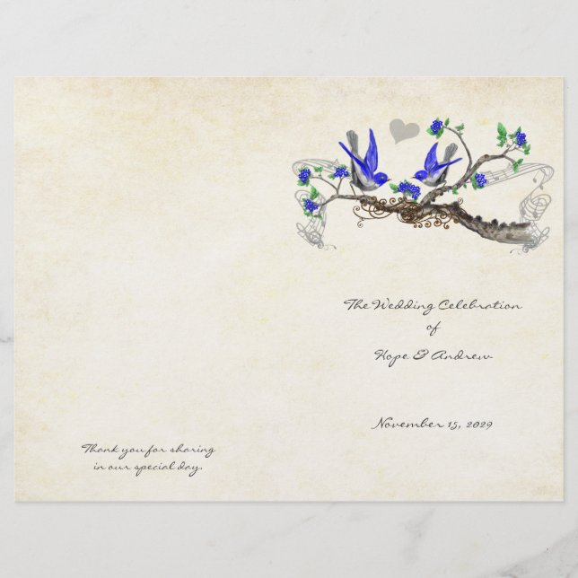 Vintages Birds Royal Blue & Gray Hochzeitsprogramm (Vorderseite)