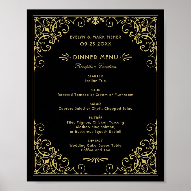 Vintages Black and Gold Art Déco Hochzeitsmenü Poster (Vorne)