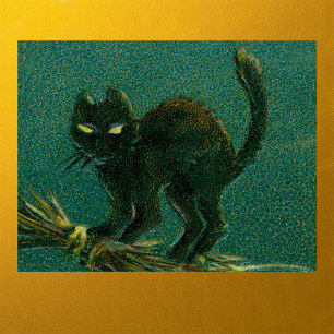 Vintages Black Cat Riding auf Broom Halloween Poster