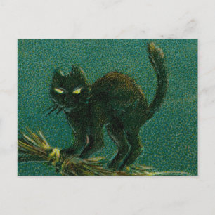 Vintages Black Cat Riding auf Broom Halloween Postkarte