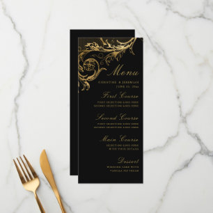 Vintages Black Gold Floral Damask Hochzeitsmenü Menükarte