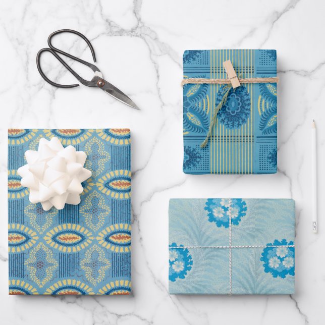 Vintages Blau gemustert Geschenkpapier Set (Vorderseite)