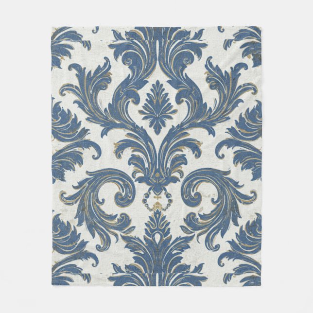 Vintages Blau und Gold Barock Damask Fleecedecke (Vorderseite)
