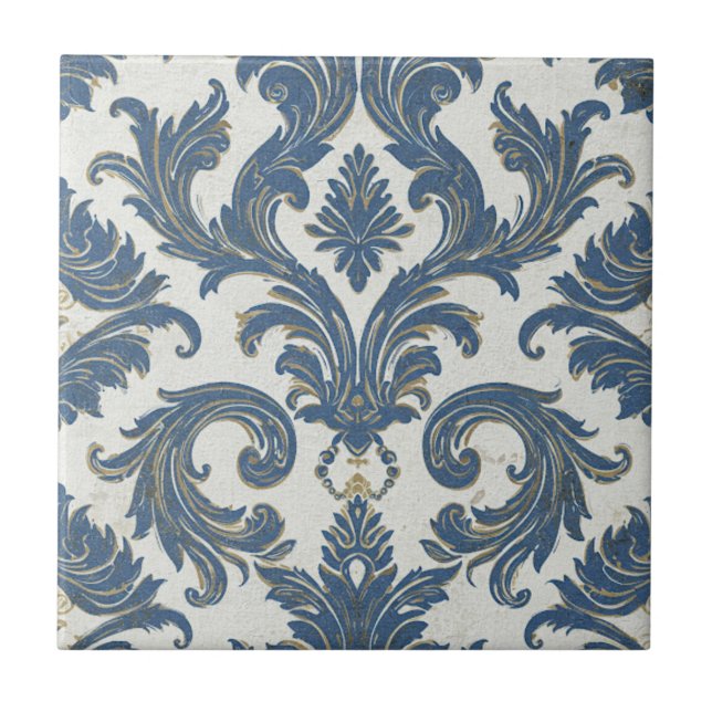 Vintages Blau und Gold Barock Damask Fliese (Vorderseite)