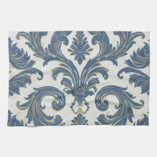 Vintages Blau und Gold Barock Damask Geschirrtuch