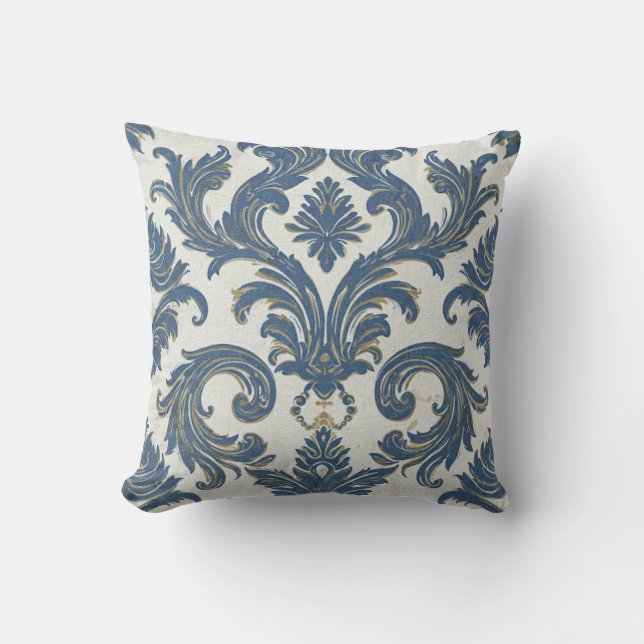 Vintages Blau und Gold Barock Damask Kissen (Vorderseite)