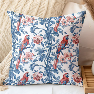 Vintages Blau und Rote Chinoiserie Papagei und Blu Kissen