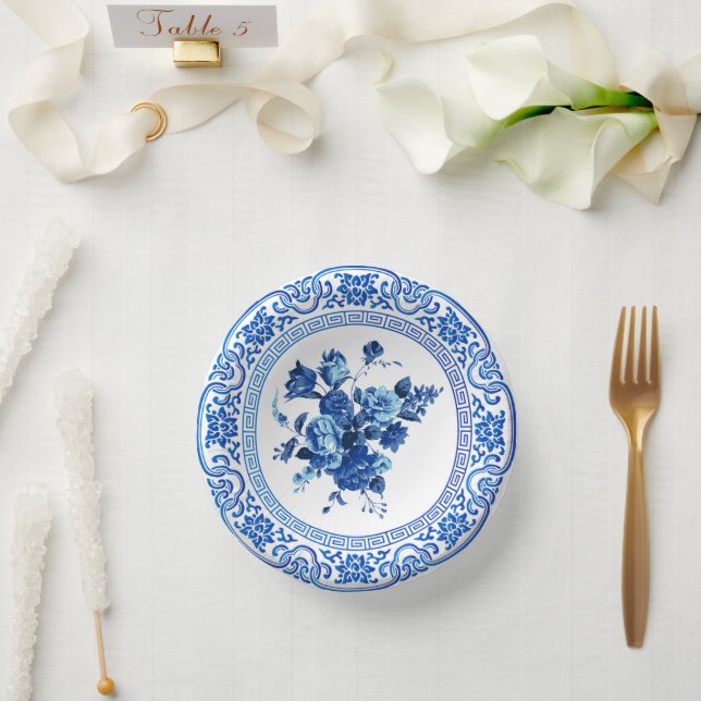 Vintages Blau und Weiß Pappteller (Hochzeit)