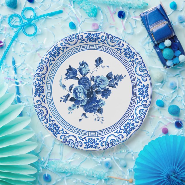 Vintages Blau und Weiß Pappteller (Party)