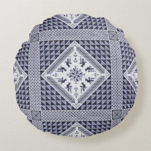 Vintages Blau und Weiß Tatreez Muster Rundes Kissen
