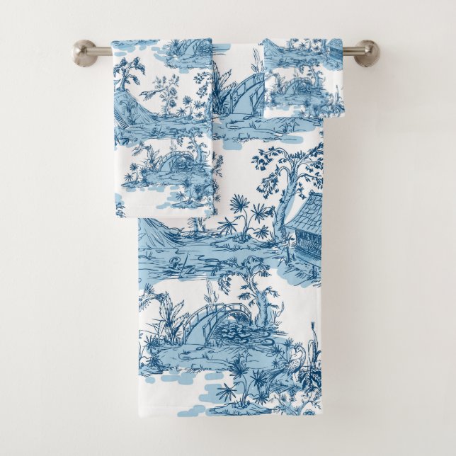 Vintages Blau und Weiße Pagode Chinoiserie Badhandtuch Set (Insitu)