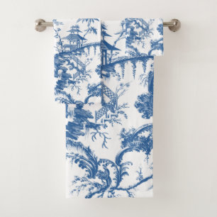 Vintages Blau und Weiße Pagode Chinoiserie Badhandtuch Set