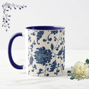 Vintages Blau + Weiß wirbelndes Blumenmuster Tasse