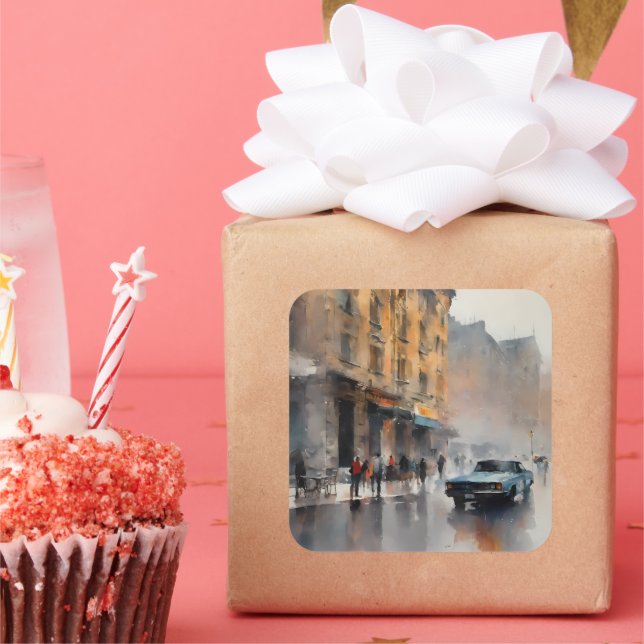 Vintages blaues Auto in Foggy Cityscape Quadratischer Aufkleber (Party)