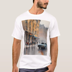Vintages blaues Auto in Foggy Cityscape T-Shirt