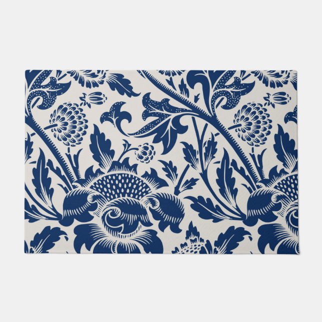 Vintages Blaues Blume-Muster Fußmatte (Vorderseite)