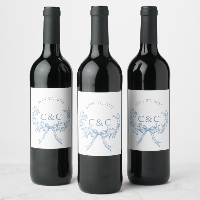 Vintages blaues Blumencoquette Monogramm Weinetikett (Flaschen)