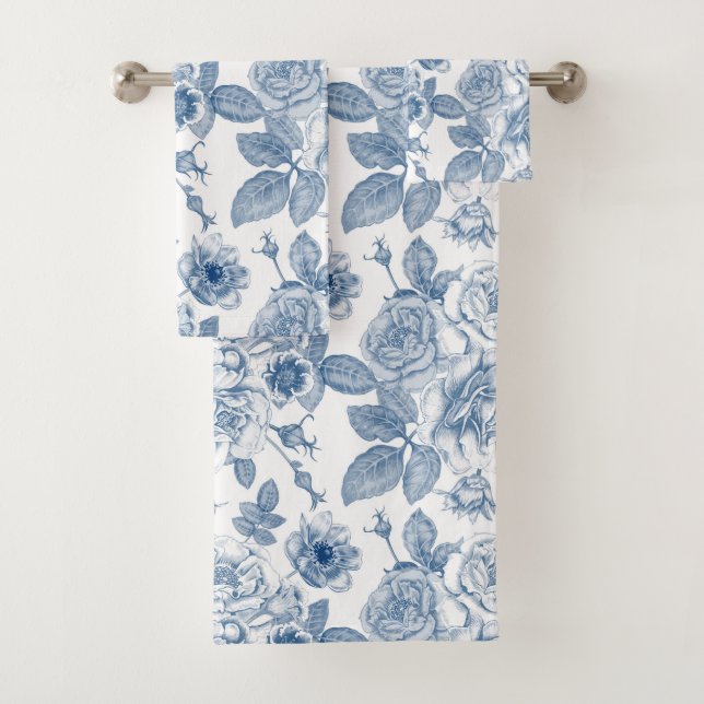 Vintages blaues Blumenmuster Badhandtuch Set (Insitu)