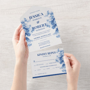 Vintages blaues Flora Chinoiserie Inspiriert Hochz All In One Einladung