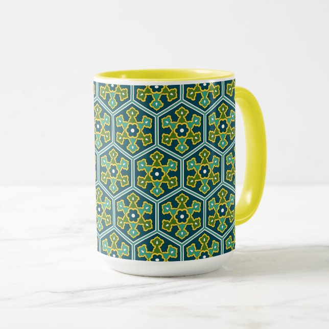 Vintages Blaues Gelbgrün-Osmanisches Hexagon Tasse (VorderseiteRechts)