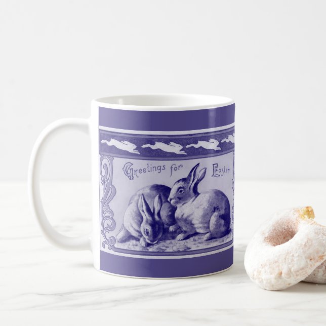 Vintages Blaues Kaninchen Ostern Gruß Kaffeetasse (Mit Donut)