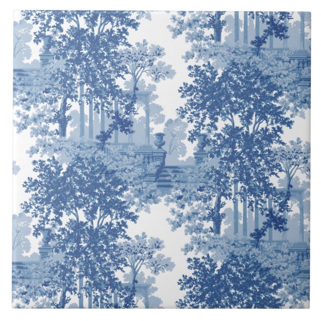 Vintages blaues Landschaftstoil mit Urnen und Spal Fliese (Vorderseite)