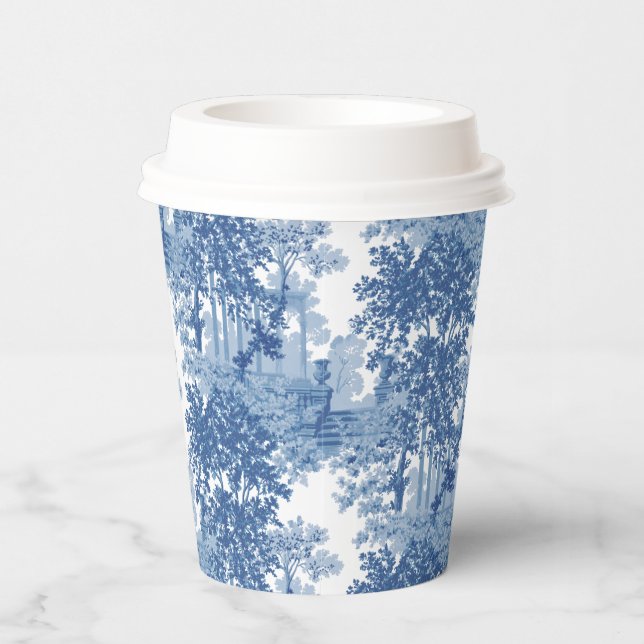 Vintages blaues Landschaftstoil mit Urnen und Spal Pappbecher (Rechts)