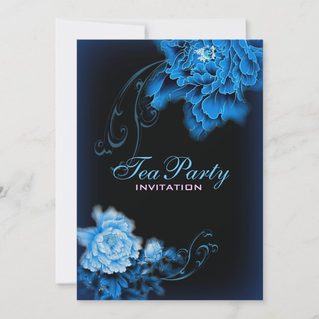 Vintages blaues Peak Blumenstrauß Bridal Teezeremo Einladung (Vorderseite)
